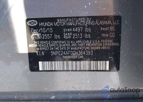 2016 Hyundai Sonata Se from USA, damaged, VIN 5NPE24AF0GH364393